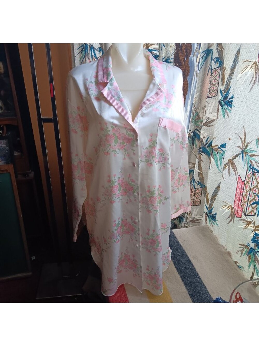 Medium Erika Taylor Intimates Floral Satin Button-Up Nightgown Sleep Shirt